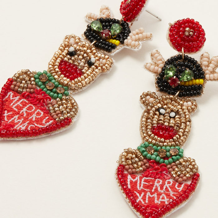 Merry X Mas Rudolf Reindeer Seed Bead Earrings