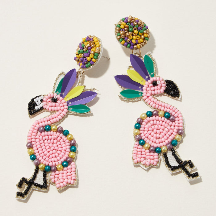 Mardi Gras Crown Flamingo Seed Beads Earring