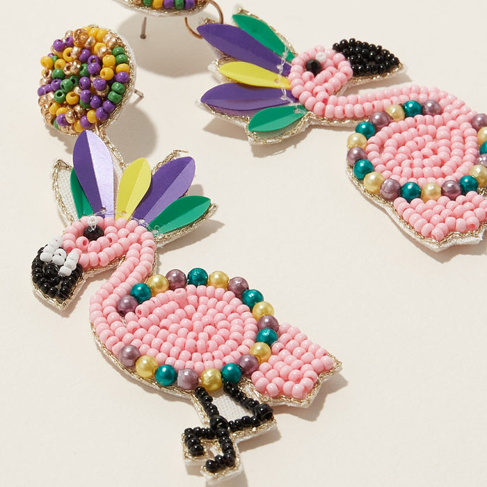 Mardi Gras Crown Flamingo Seed Beads Earring