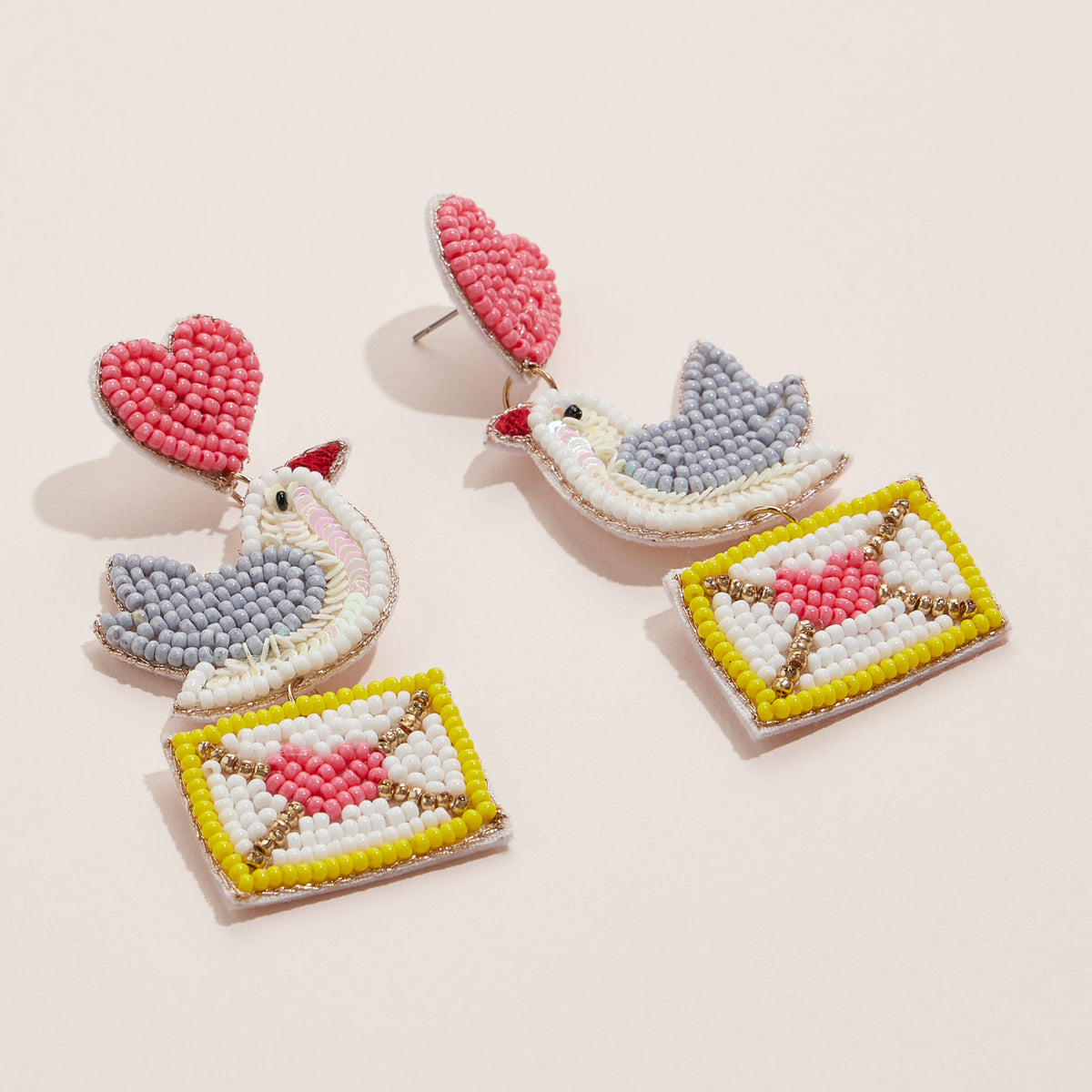 Beaded Love Bird Drop Earrings with Heart and Envelope Design