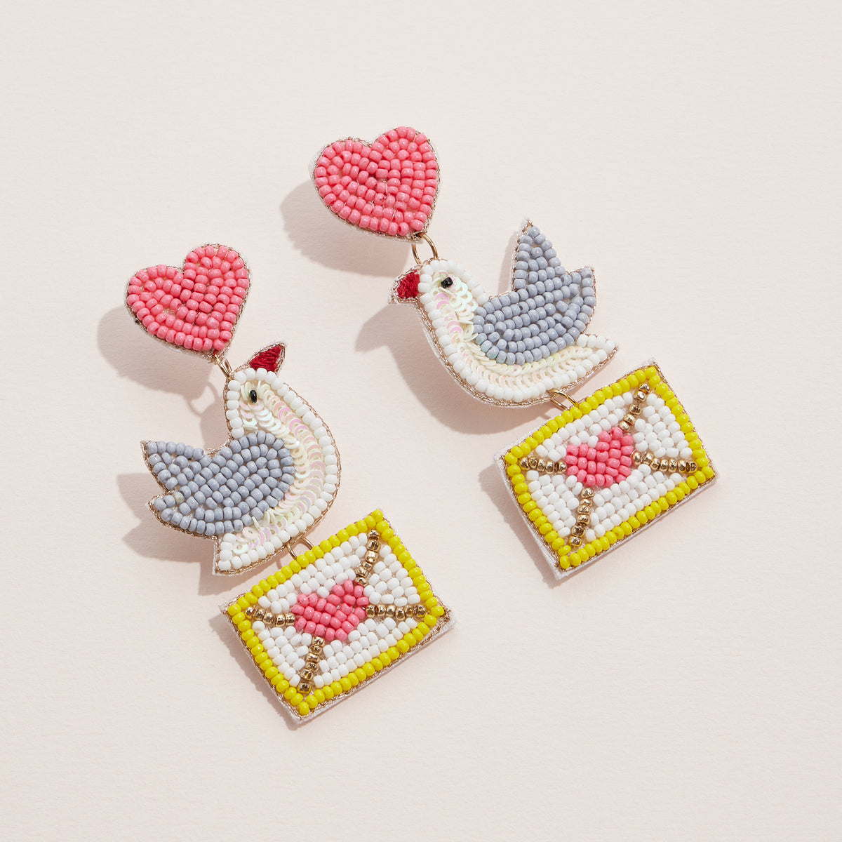 Beaded Love Bird Drop Earrings with Heart and Envelope Design