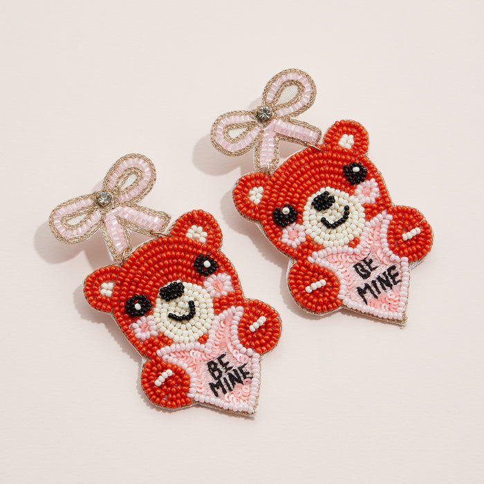 Beaded "Be Mine" Teddy Bear Statement Earrings