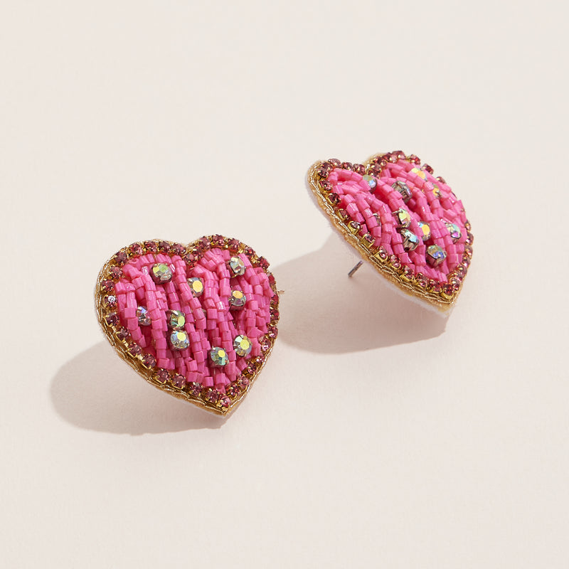 Pink Beaded Heart Stud Earrings with Rhinestone Accents