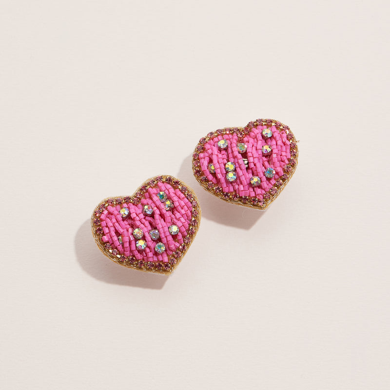 Pink Beaded Heart Stud Earrings with Rhinestone Accents