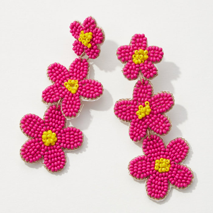 Beaded Triple Drop Flowers Earrings