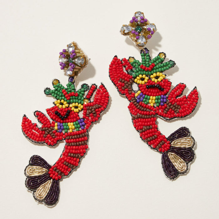 Mardi Gras Crowned Crawfish Seed Beads Earring