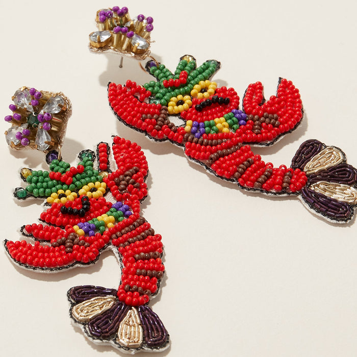 Mardi Gras Crowned Crawfish Seed Beads Earring