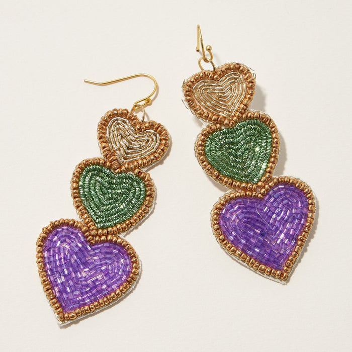 Mardi Gras Hearts Seed Beads Drop Earring