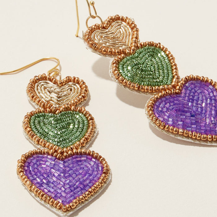 Mardi Gras Hearts Seed Beads Drop Earring