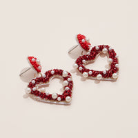 Beaded Open Heart Drop Earrings with Pearl and Bead Details