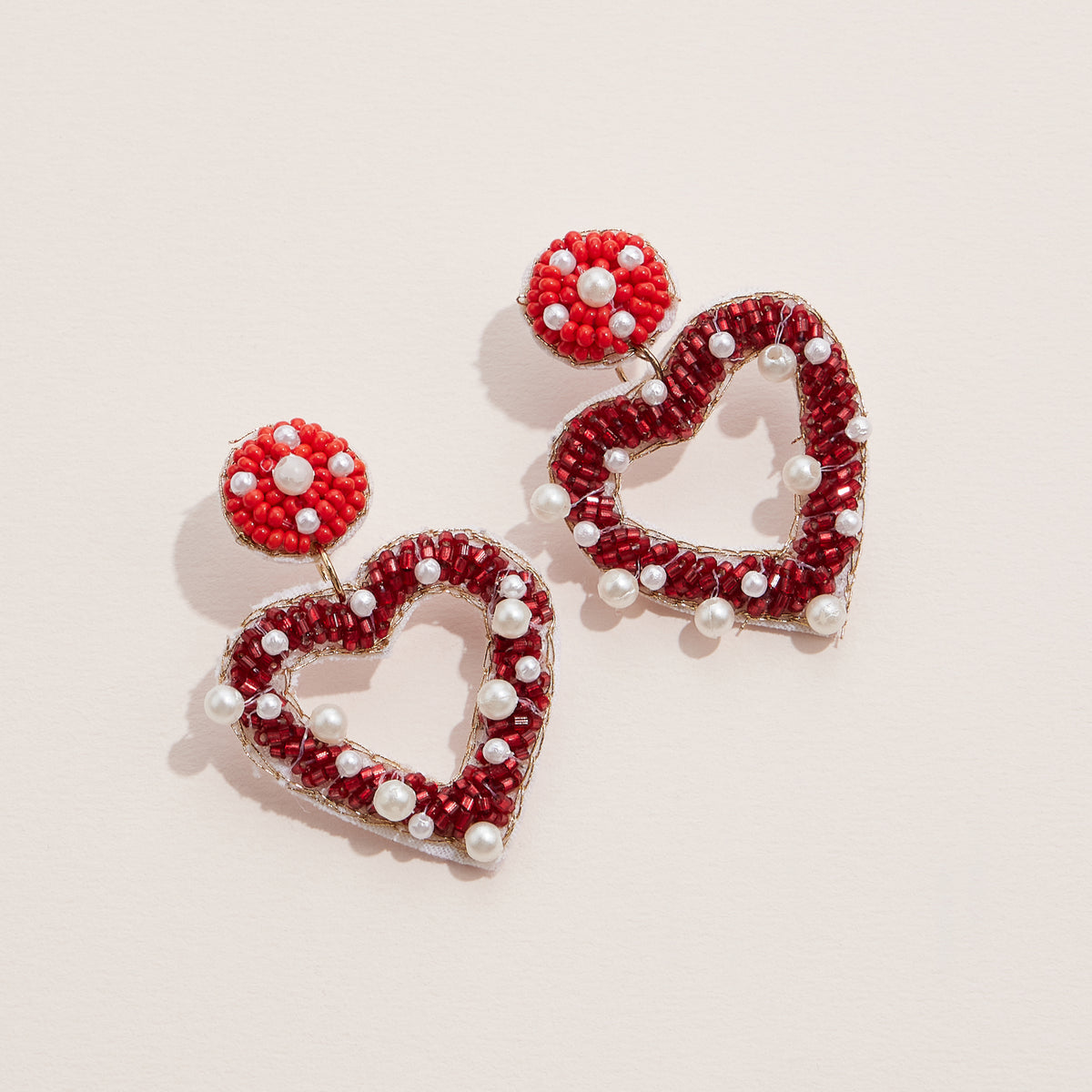 Beaded Open Heart Drop Earrings with Pearl and Bead Details