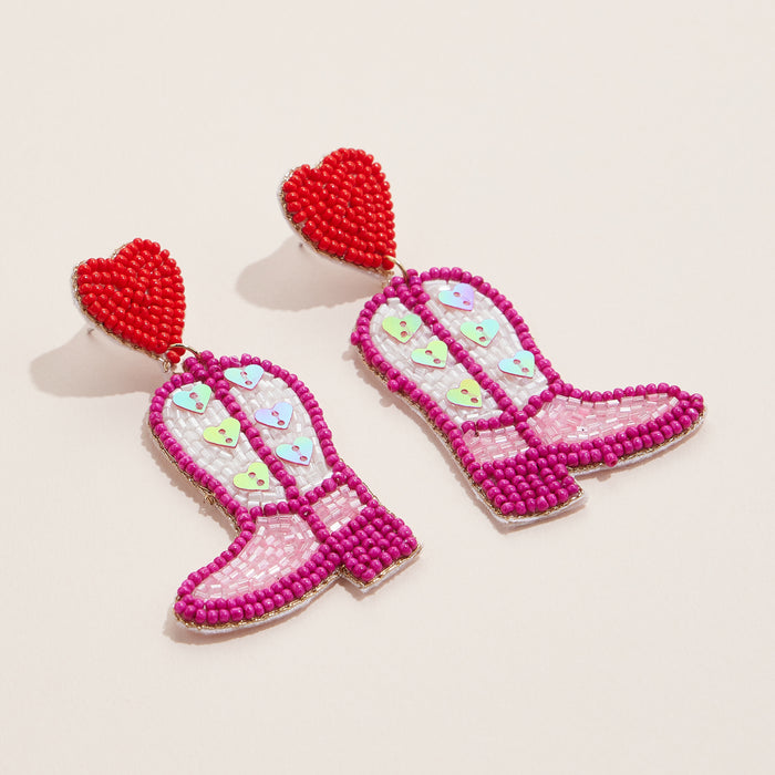 Beaded Cowgirl Boot Earrings with Heart Accents