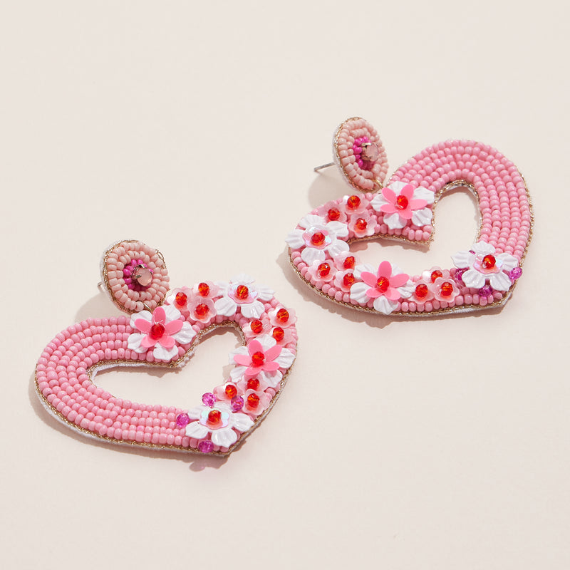 Floral Beaded Open Heart Earrings