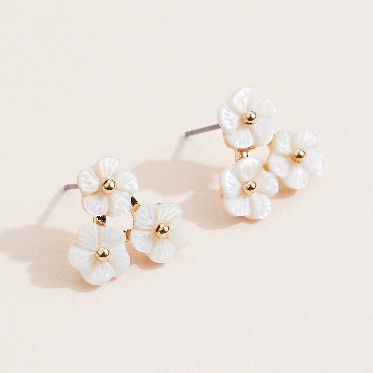 Mother of Pearl Triple Flower Stud Earrings – Elegant Dainty Floral Jewelry with Gold Accents