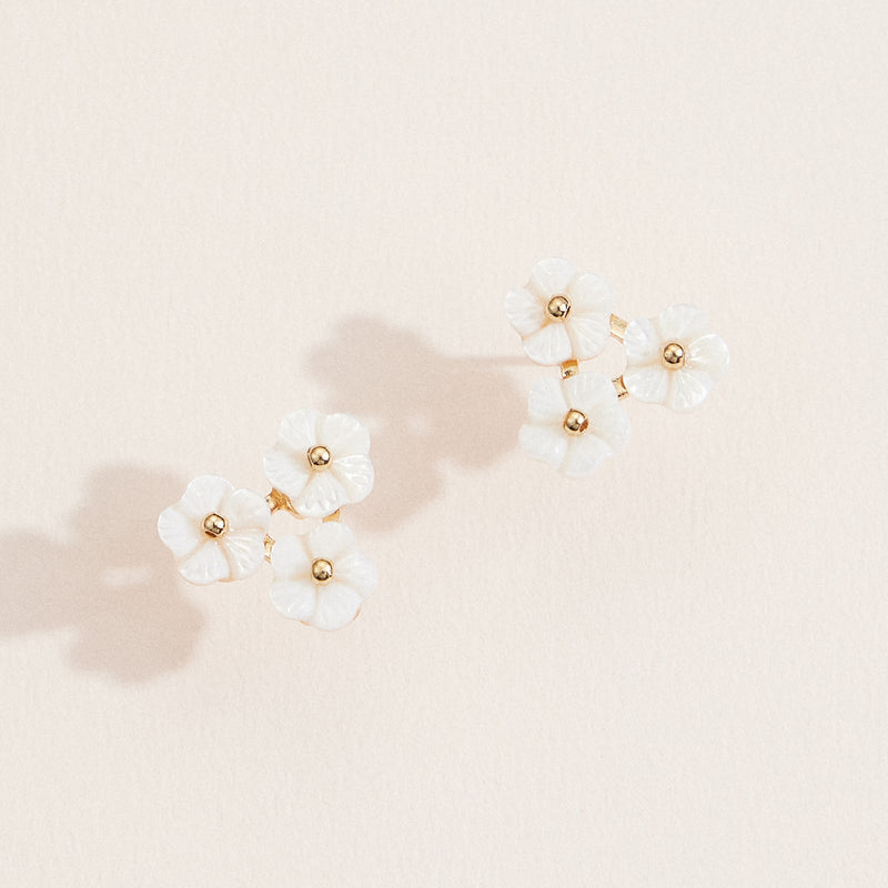 Mother of Pearl Triple Flower Stud Earrings – Elegant Dainty Floral Jewelry with Gold Accents