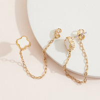 Mother of Pearl Clover Chain Earrings – Elegant Dangle Studs with Gold Metal Accents