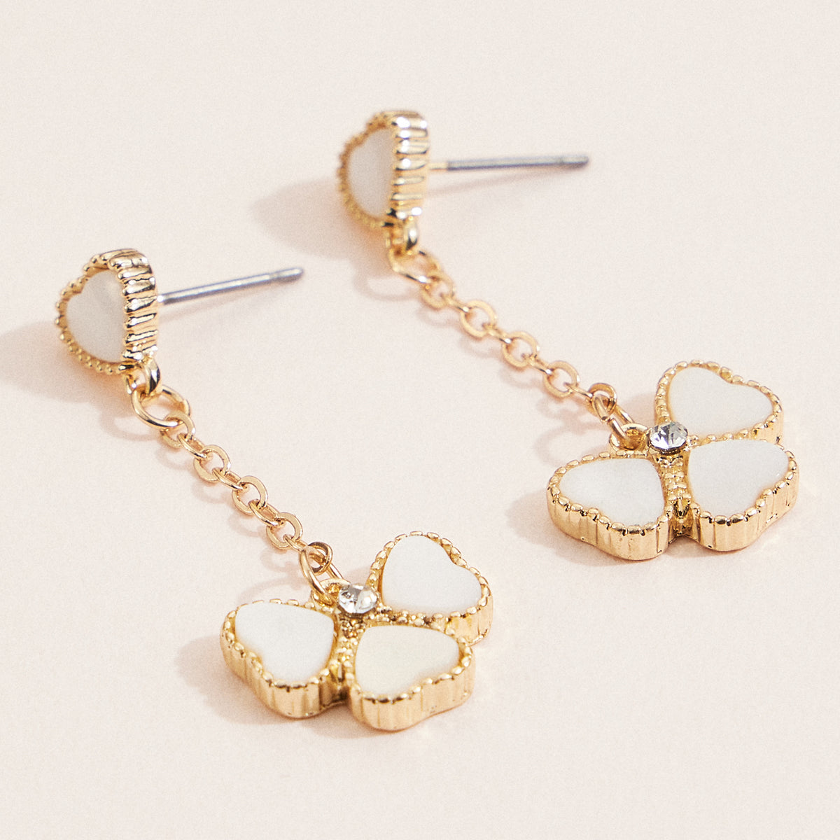 Gold Clover Dangle Earrings with Mother of Pearl & Crystal – Lucky Charm Drop Earrings