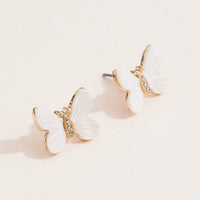 Mother of Pearl Butterfly Stud Earrings – Elegant Gold-Tone Crystal Accents