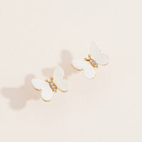 Mother of Pearl Butterfly Stud Earrings – Elegant Gold-Tone Crystal Accents