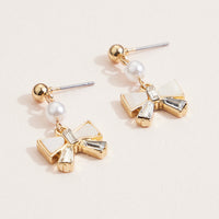 Gold Bow Drop Earrings with Mother of Pearl & Crystal – Elegant Pearl Dangle Earrings