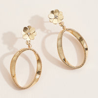 Textured Oval Hoop Drop Earrings with Floral Stud – Gold & Silver Dangle Earrings