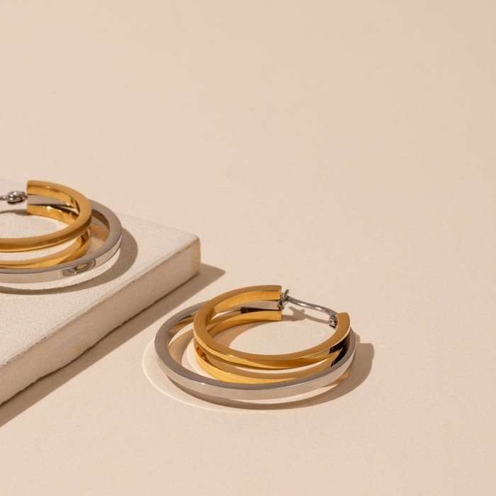 18K Gold Plated Stainless Steel Tri Layered Hoop Earrings