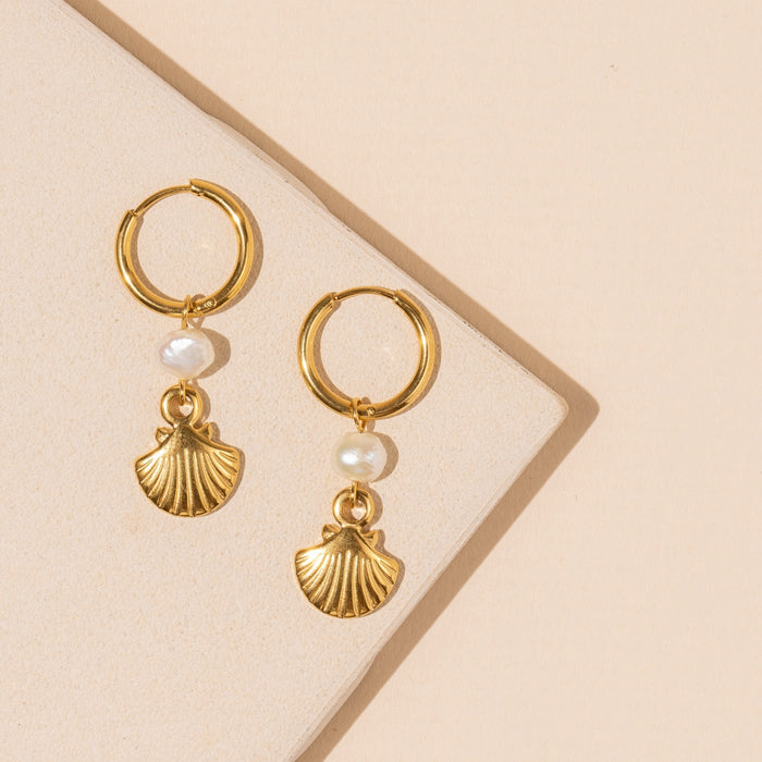 Shell and Pearl 18K Gold Plated Stainless Steel Earrings