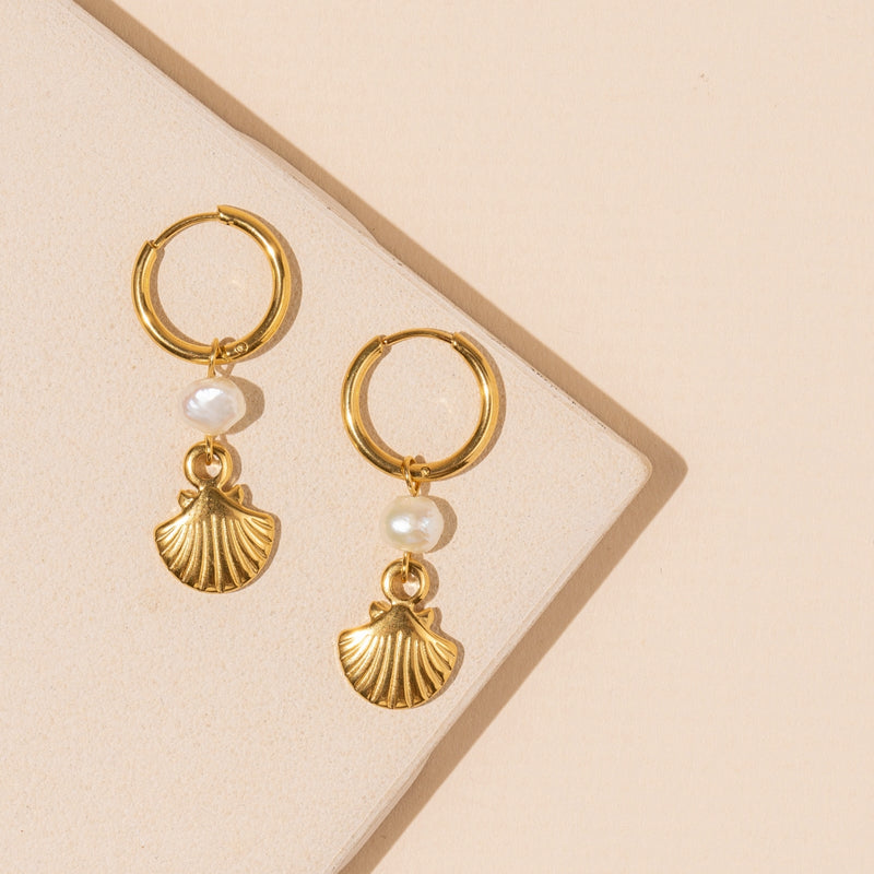 Shell and Pearl 18K Gold Plated Stainless Steel Earrings