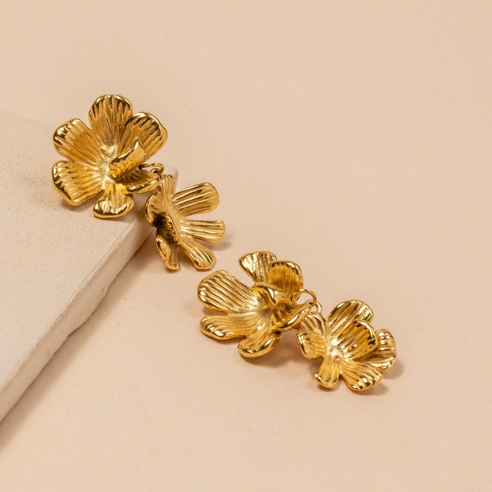 Double Flower 18K Gold Plated Stainless Steel Earrings