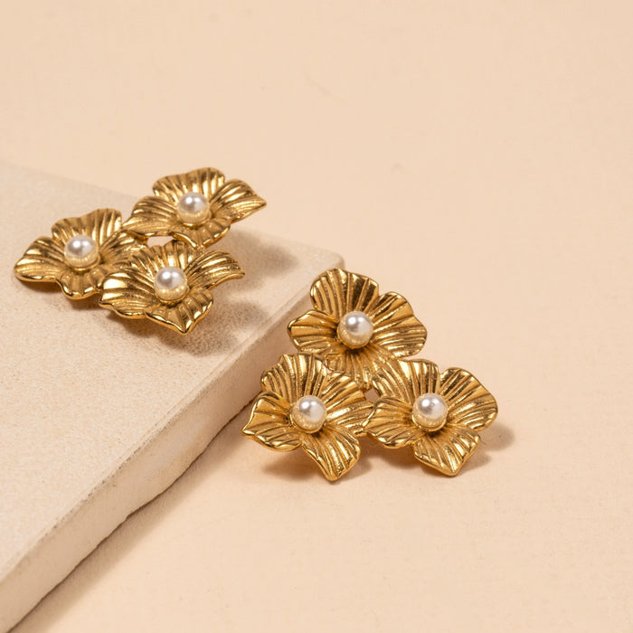 Pearl on Flower 18K Gold Plated Stainless Steel Earrings