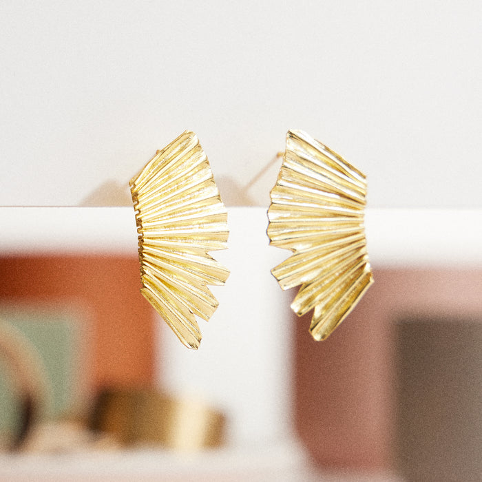 Gold Winged Fan Textured Earrings - 18k Gold Dipped