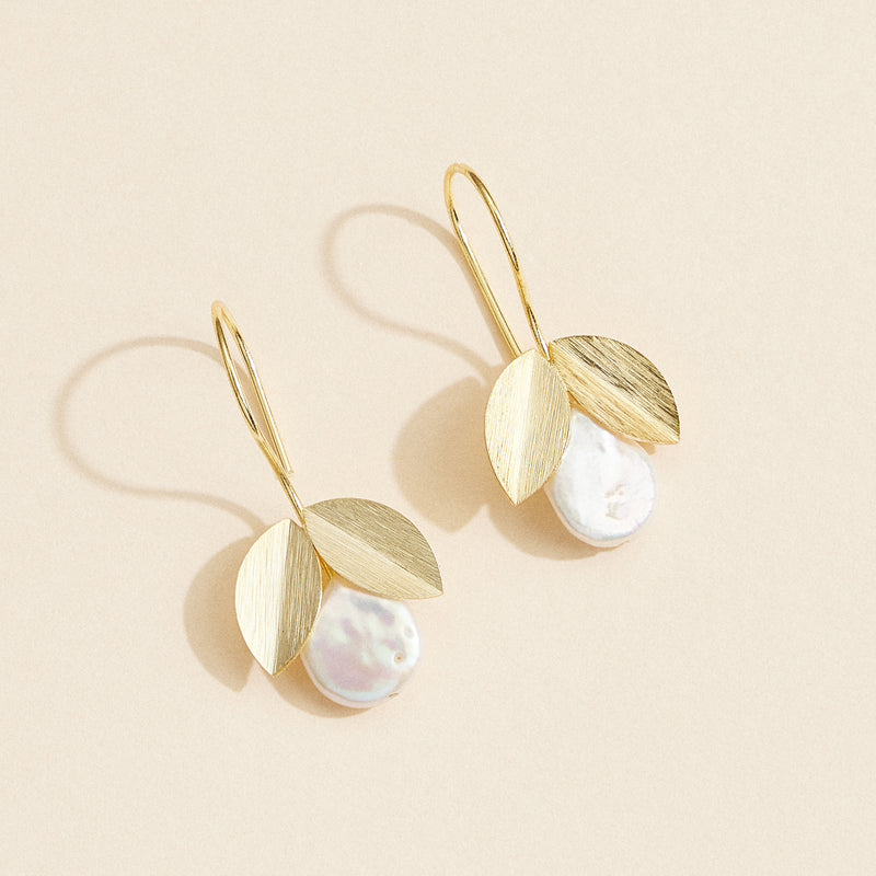 Gold Leaf & Pearl Drop Earrings - 18K Gold Dipped