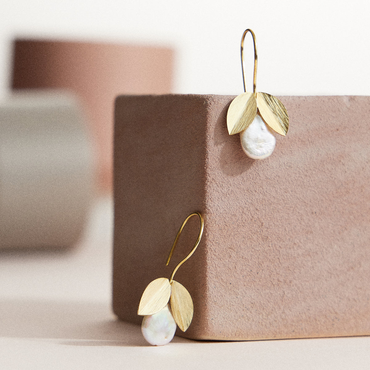 Gold Leaf & Pearl Drop Earrings - 18K Gold Dipped