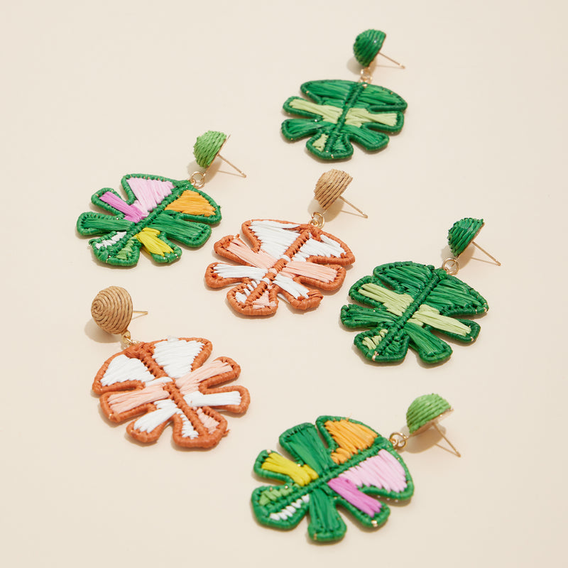 Tropical Leaf Raffia Dangling Earrings