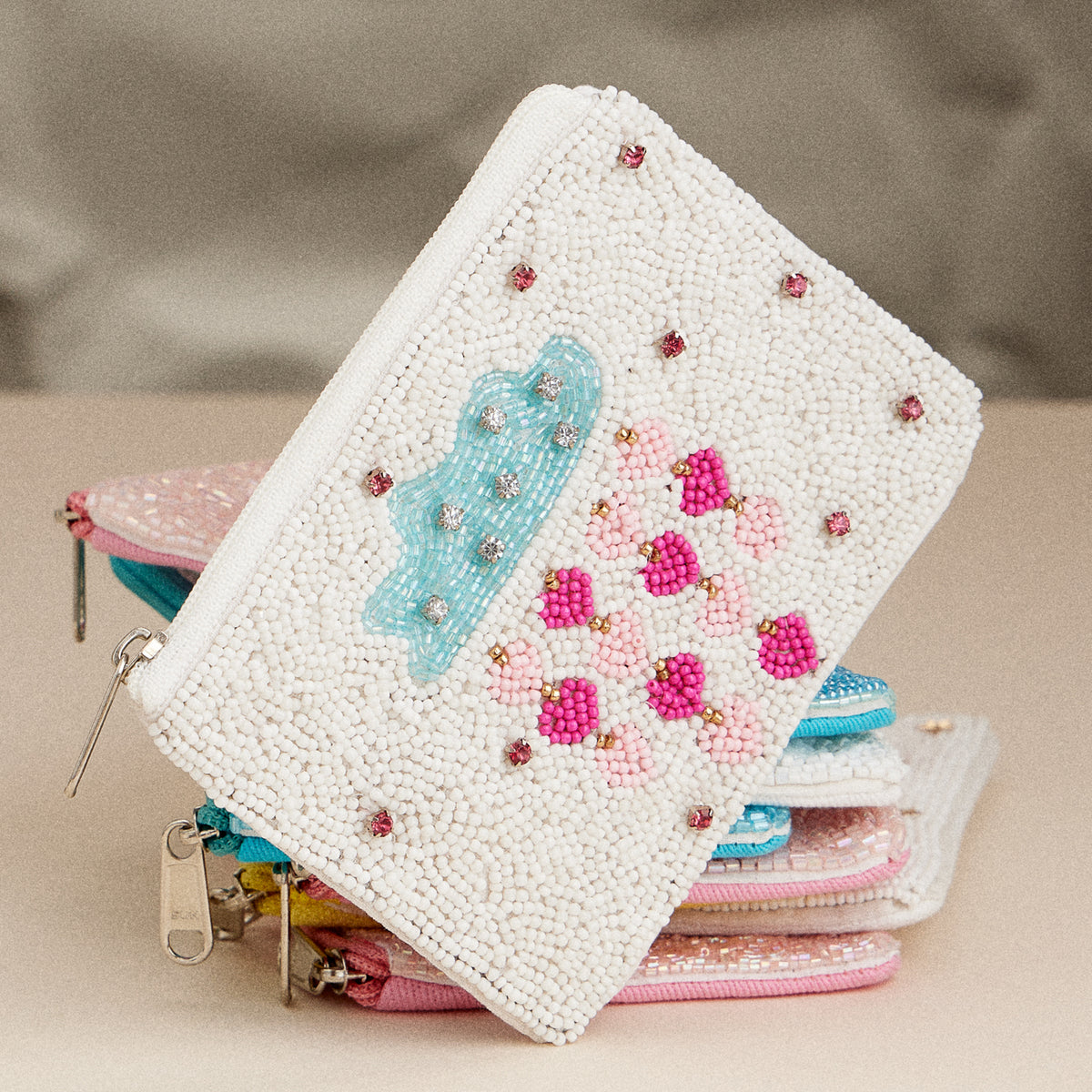 Beaded Heart Rain Cloud Zip Pouch – Whimsical & Sparkly Clutch