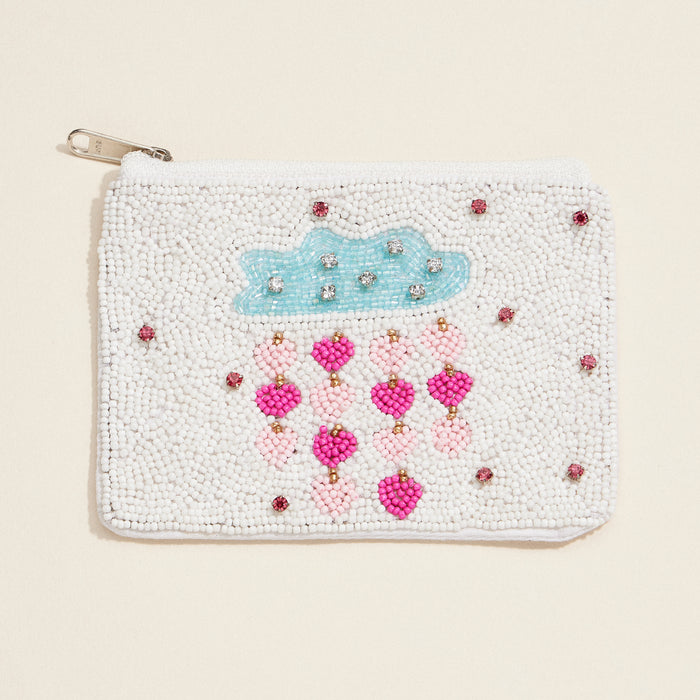 Beaded Heart Rain Cloud Zip Pouch – Whimsical & Sparkly Clutch