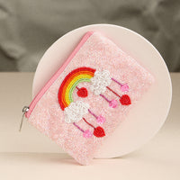 Beaded Rainbow & Hearts Clutch – Pink Sequin Zip Pouch, Whimsical Pastel Coin Pouch