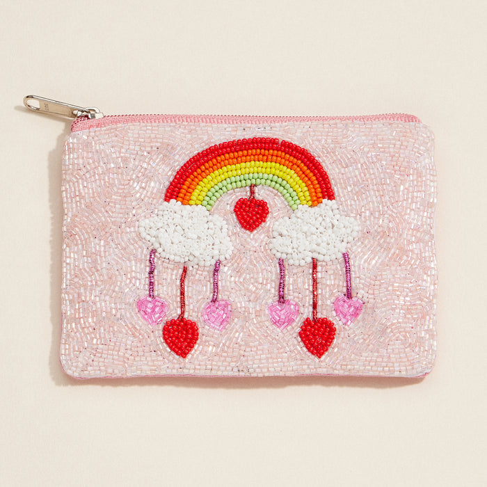 Beaded Rainbow & Hearts Clutch – Pink Sequin Zip Pouch, Whimsical Pastel Coin Pouch