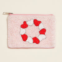 Beaded Heart Wreath Clutch – Pink Sequin Zip Pouch, Chic Romantic Purse