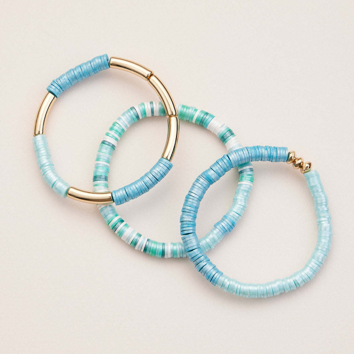 Colorful Heishi Bead Stretch Bracelets with Gold Accents