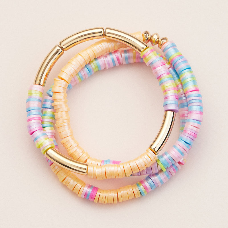 Colorful Heishi Bead Stretch Bracelets with Gold Accents