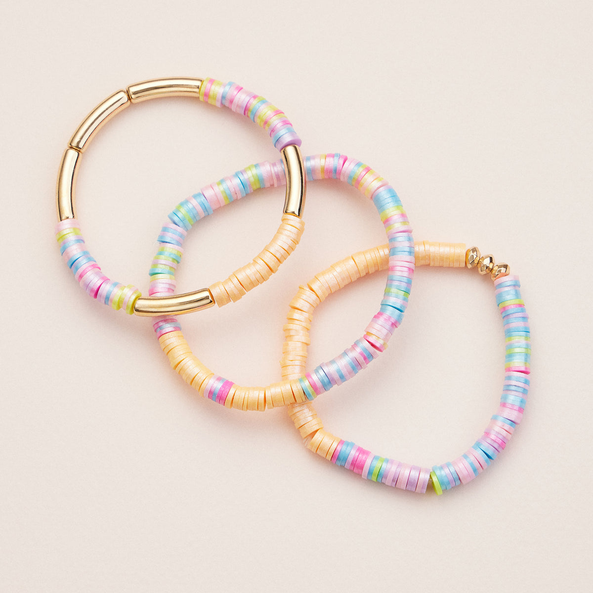 Colorful Heishi Bead Stretch Bracelets with Gold Accents