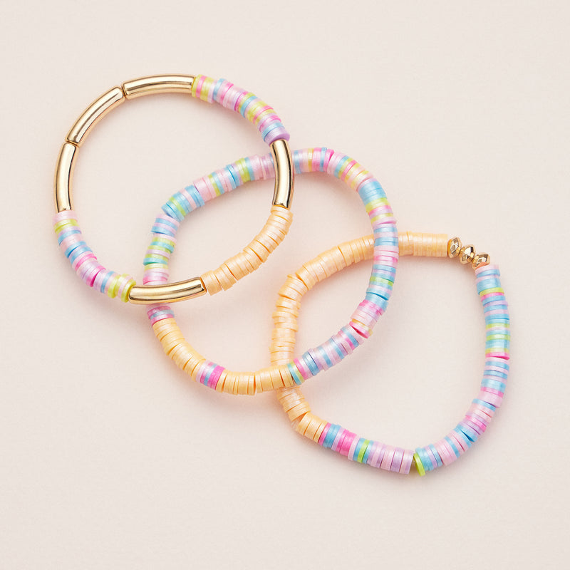 Colorful Heishi Bead Stretch Bracelets with Gold Accents