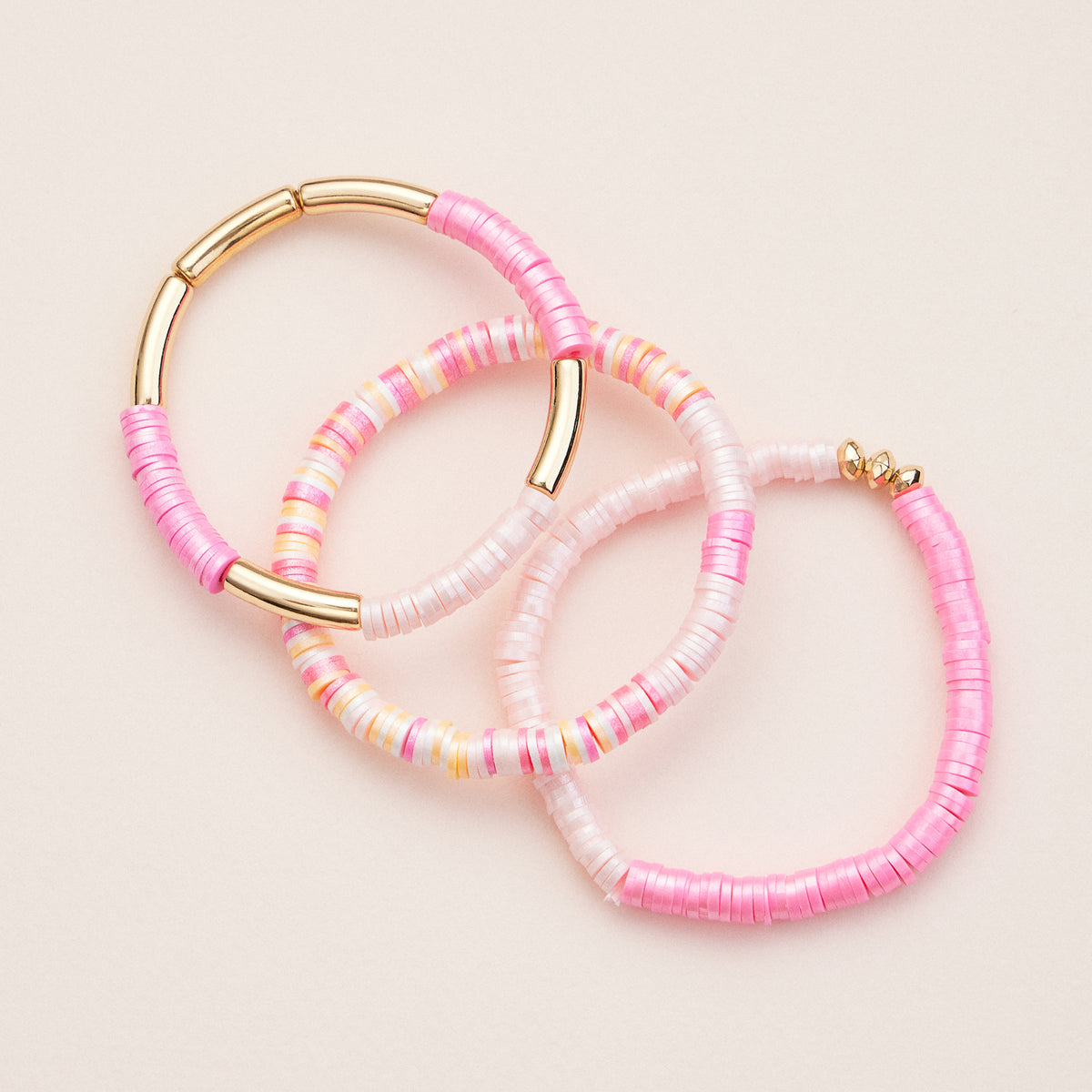 Colorful Heishi Bead Stretch Bracelets with Gold Accents