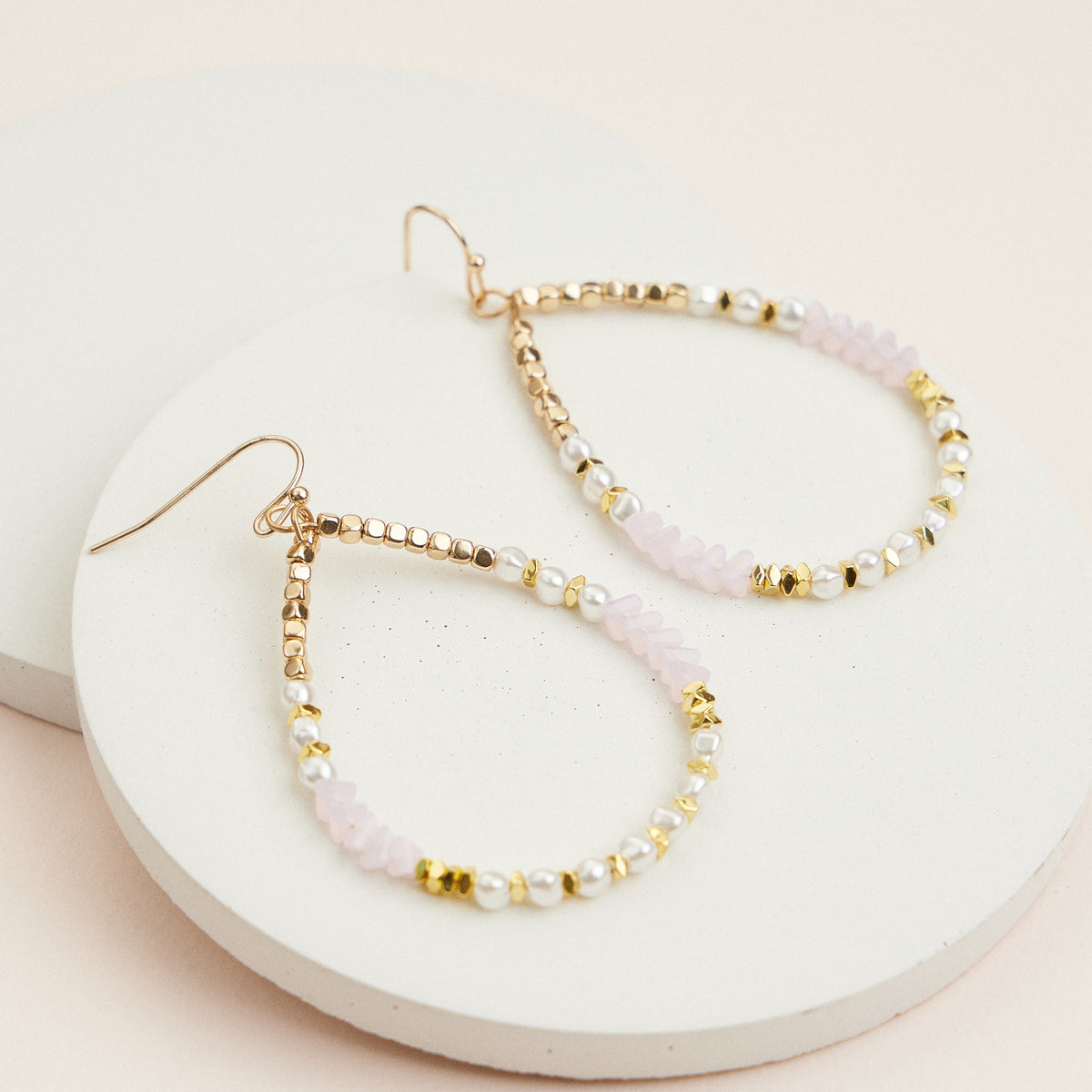 Elegant Teardrop Beaded Earrings – Rose Quartz, Pearl, and Gold Accent Jewelry