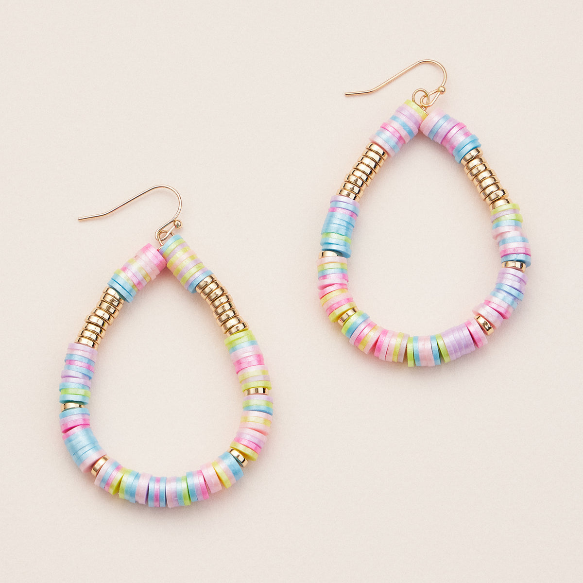 Boho Beaded Hoop Earrings – Handmade Teardrop Heishi Bead Earrings with Gold Accents