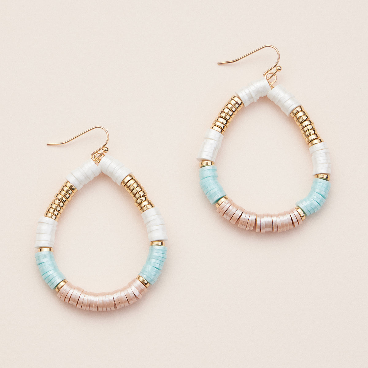 Boho Beaded Hoop Earrings – Handmade Teardrop Heishi Bead Earrings with Gold Accents