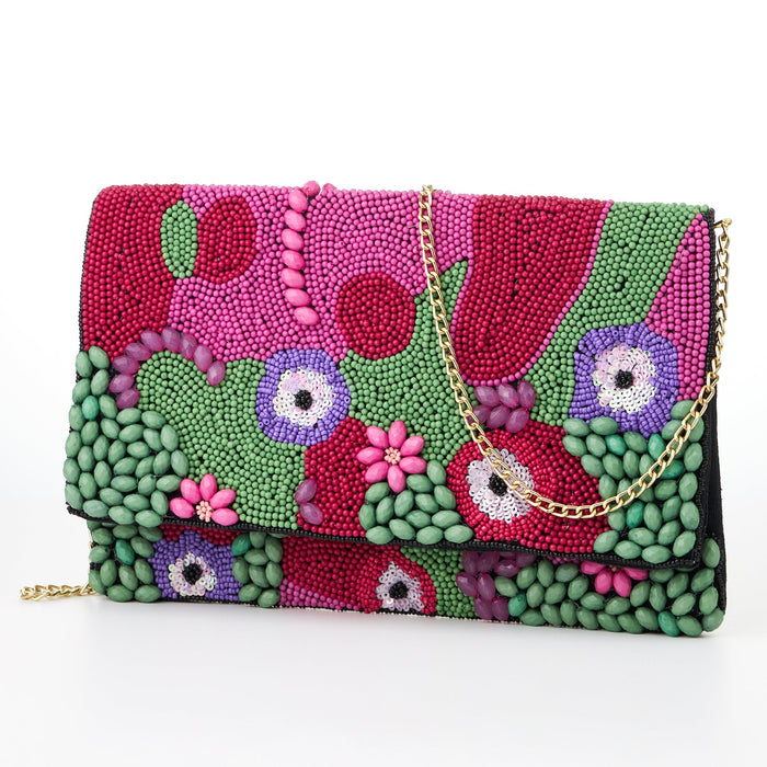 3D Multi Color Seed Beads Flap Clutch Bag