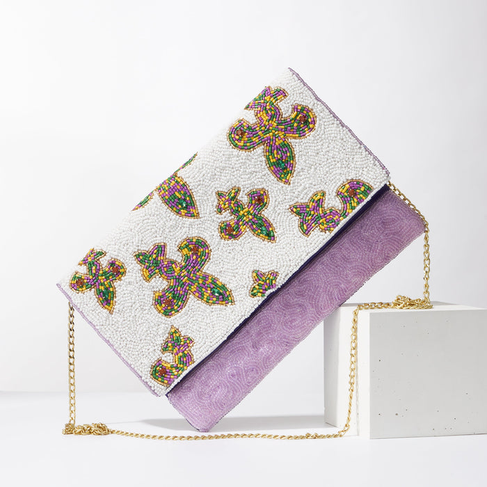 Fleur de lis Mardi Gras Seed Beads Clutch Bag