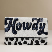 Beaded "Howdy" Western Clutch – Handmade Cow Print Purse with Gold Chain